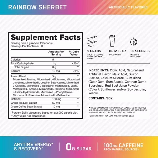 Optimum Nutrition ESSENTIAL AMIN.O. ENERGY® *new* Rainbow Sherbet - Notify Me 0.6 lb - Notify me Slovenija | WLT-281645