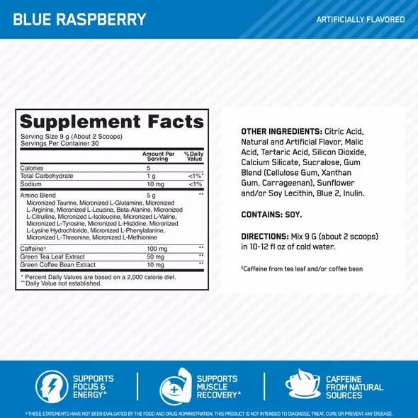 Optimum Nutrition ESSENTIAL AMIN.O. ENERGY® Blue Raspberry 0.6 lb (30 Servings) Slovenija | PKL-206413