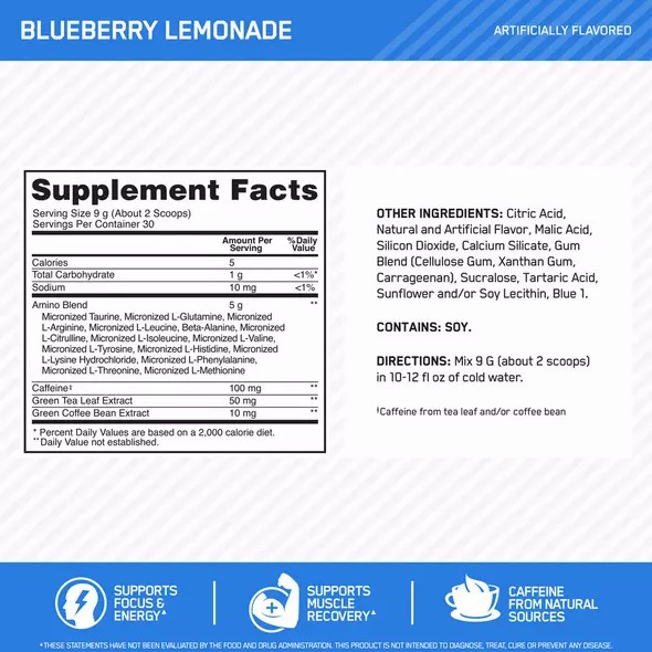 Optimum Nutrition ESSENTIAL AMIN.O. ENERGY® Blueberry Lemonade 0.6 lb (30 Servings) Slovenija | QRA-082546