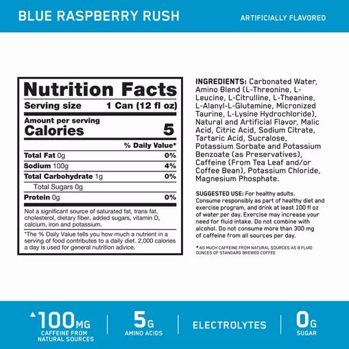 Optimum Nutrition ESSENTIAL AMIN.O. ENERGY+ Electrolytes Sparkling *new* Blue Raspberry Rush 355ml * 12 Cans (12 Servings) Slovenija | CIV-820549