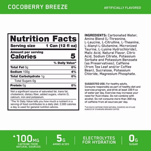 Optimum Nutrition ESSENTIAL AMIN.O. ENERGY+ Electrolytes Sparkling *new* Cocoberry Breeze 355ml * 12 Cans (12 Servings) Slovenija | PQU-628103