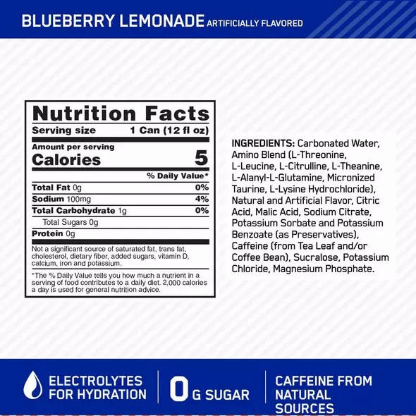 Optimum Nutrition ESSENTIAL AMIN.O. ENERGY+ Electrolytes Sparkling Blueberry Lemonade 355ml * 12 Cans (12 Servings) Slovenija | PBS-145398