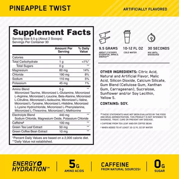 Optimum Nutrition Essential AMIN.O. ENERGY + Electrolytes Pineapple Twist 0.63 lb (30 Servings) Slovenija | BVR-435279