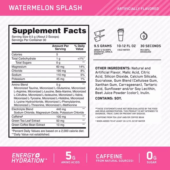 Optimum Nutrition Essential AMIN.O. ENERGY + Electrolytes Watermelon Splash 0.63 lb (30 Servings) Slovenija | DTO-942701