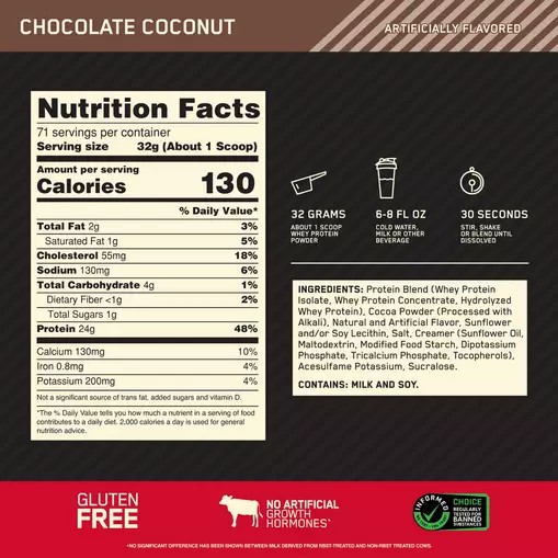 Optimum Nutrition GOLD STANDARD 100% WHEY™ Chocolate Coconut 5 lb (71 Servings) Slovenija | RNB-517860