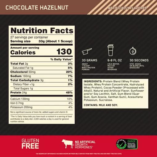 Optimum Nutrition GOLD STANDARD 100% WHEY™ Chocolate Hazelnut 2 lb (27 Servings) Slovenija | OKY-605934