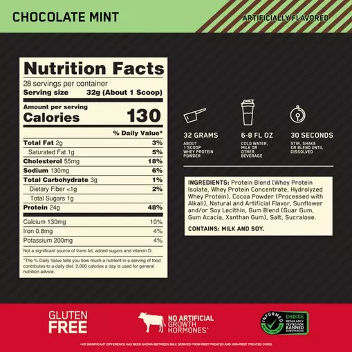 Optimum Nutrition GOLD STANDARD 100% WHEY™ Chocolate Mint 2 lb (28 Servings) Slovenija | JXE-536274