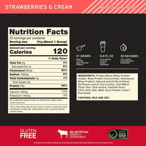 Optimum Nutrition GOLD STANDARD 100% WHEY™ Strawberries & Cream 1.5 lb (22 Servings) Slovenija | FHS-874612