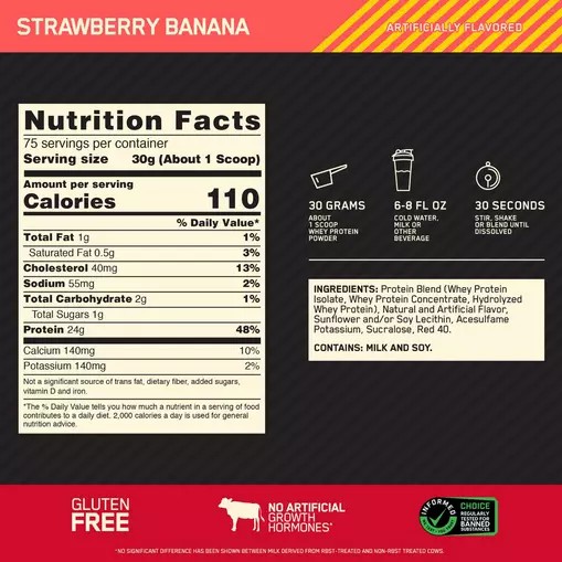 Optimum Nutrition GOLD STANDARD 100% WHEY™ Strawberry Banana 5 lb (75 Servings) Slovenija | MDP-627491