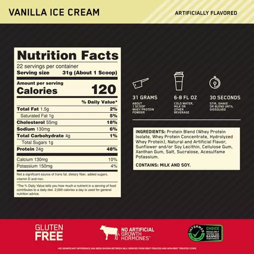 Optimum Nutrition GOLD STANDARD 100% WHEY™ Vanilla Ice Cream 1.5 lb (22 Servings) Slovenija | UCZ-893741