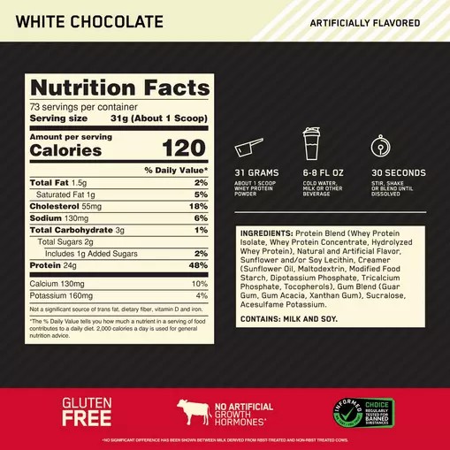 Optimum Nutrition GOLD STANDARD 100% WHEY™ White Chocolate 5 lb (73 Servings) Slovenija | HQT-420517