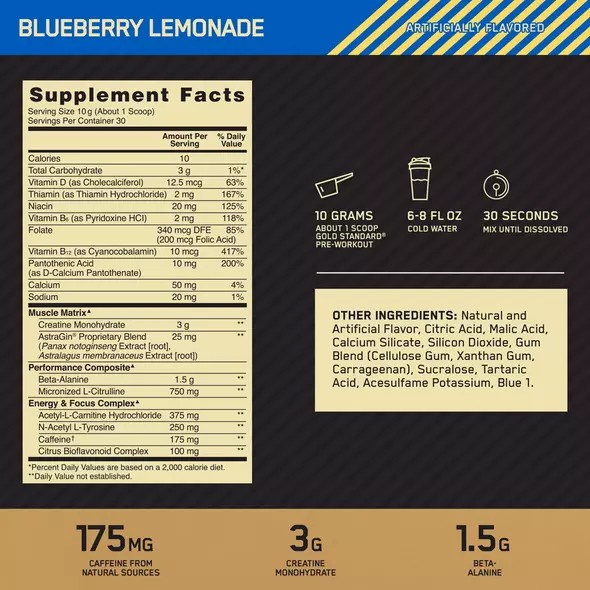 Optimum Nutrition GOLD STANDARD® Pre-Workout Blueberry Lemonade 0.66 lb (30 Servings) Slovenija | BNX-957286