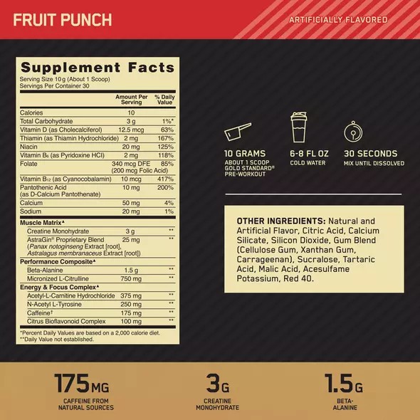 Optimum Nutrition GOLD STANDARD® Pre-Workout Fruit Punch 0.66 lb (30 Servings) Slovenija | QKR-127495