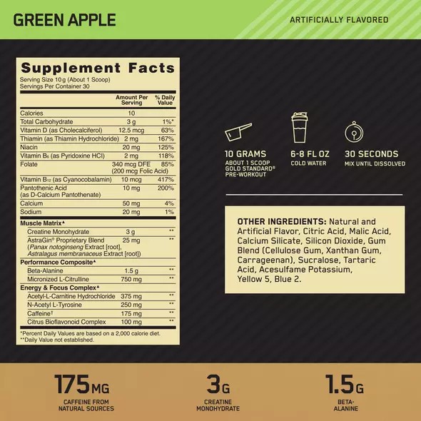 Optimum Nutrition GOLD STANDARD® Pre-Workout Green Apple 0.66 lb (30 Servings) Slovenija | LHF-672059