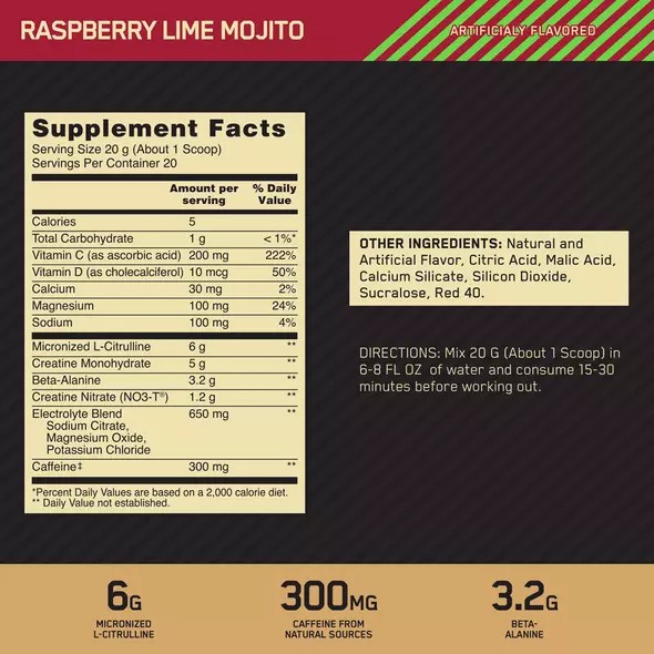 Optimum Nutrition GOLD STANDARD® Pre Advanced Raspberry Lime Mojito 0.88 lb (20 Servings) Slovenija | UIF-813647