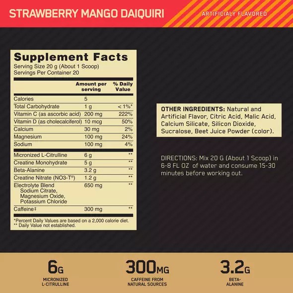 Optimum Nutrition GOLD STANDARD® Pre Advanced Strawberry Mango Daiquiri 0.88 lb (20 Servings) Slovenija | ACI-653217