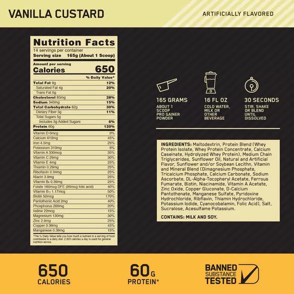 Optimum Nutrition GOLD STANDARD® Pro Gainer Vanilla Custard 5.09 lb (14 Servings) Slovenija | YLJ-285740