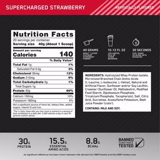 Optimum Nutrition PLATINUM HYDROWHEY™ Supercharged Strawberry 1.76 lb (20 Servings) Slovenija | FWP-476098