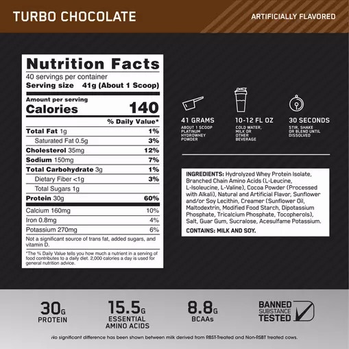 Optimum Nutrition PLATINUM HYDROWHEY™ Turbo Chocolate 3.61 lb (40 Servings) Slovenija | GCV-845670