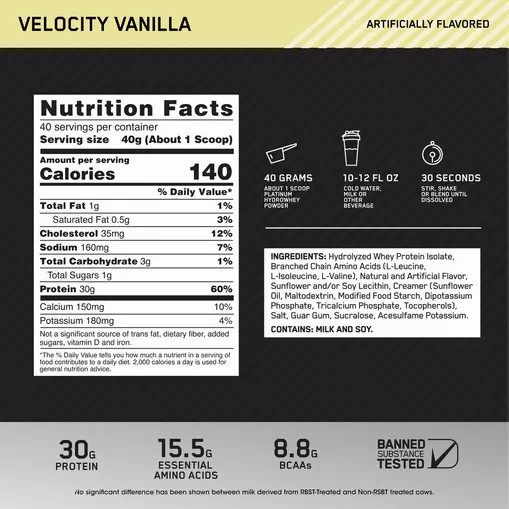 Optimum Nutrition PLATINUM HYDROWHEY™ Velocity Vanilla 3.52 lb (40 Servings) Slovenija | XOB-237908