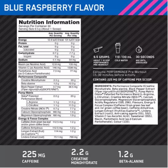 Optimum Nutrition Performance Pre-Workout Blue Raspberry 285g Slovenija | GHU-087632