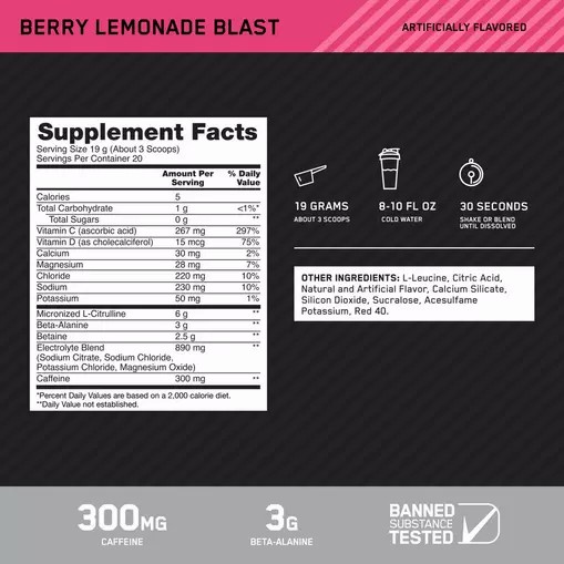 Optimum Nutrition Platinum Igniter Berry Lemonade Blast 0.84 lb (20 Servings) Slovenija | HQC-397416