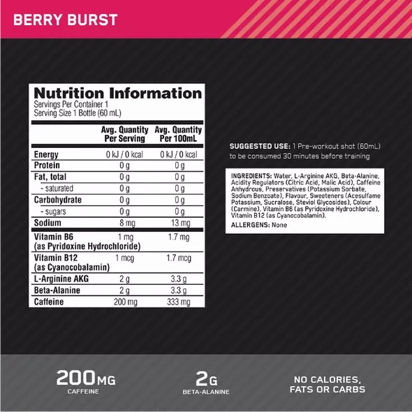 Optimum Nutrition Pure Pre 200 Pre-Workout Shot Berry 60ml (12 shots) Slovenija | VDE-397214