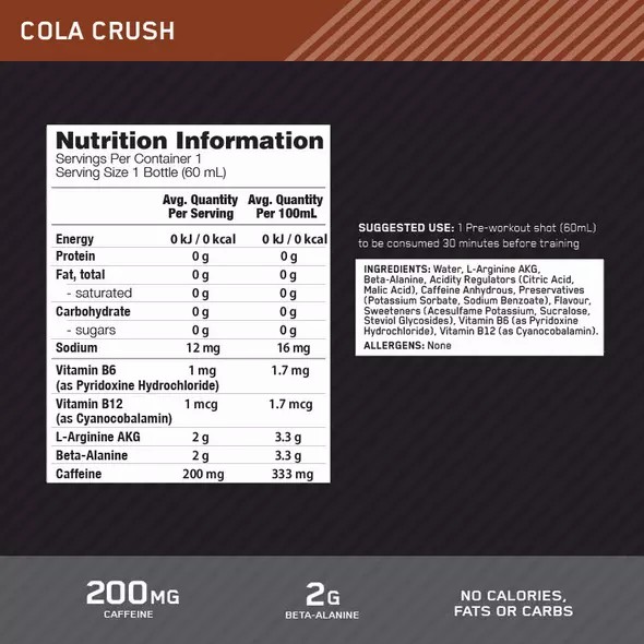 Optimum Nutrition Pure Pre 200 Pre-Workout Shot Cola 60ml (12 shots) Slovenija | JSA-510469