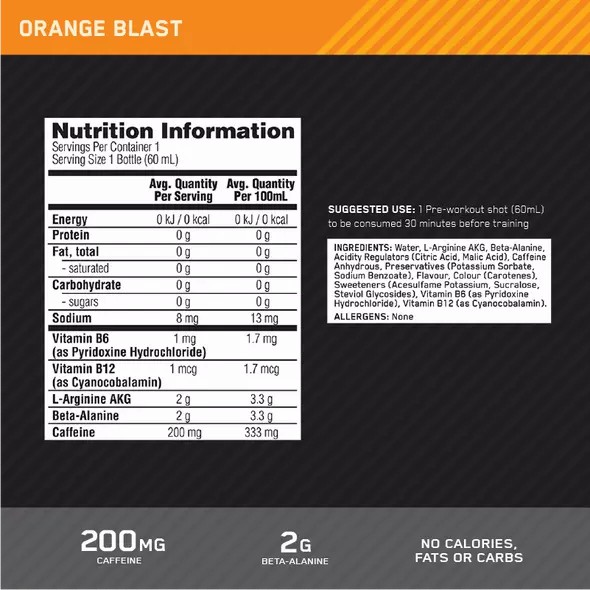 Optimum Nutrition Pure Pre 200 Pre-Workout Shot Orange 60ml (12 shots) Slovenija | NEZ-195867