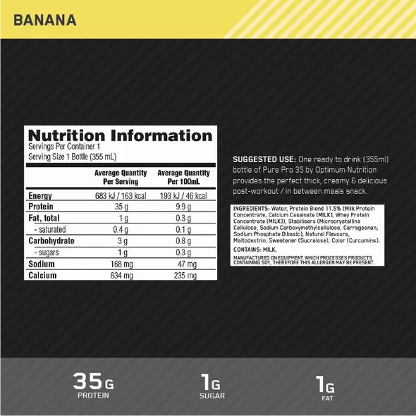 Optimum Nutrition Pure Pro 35 Banana 355ml (6 bottles) Slovenija | LSN-789315