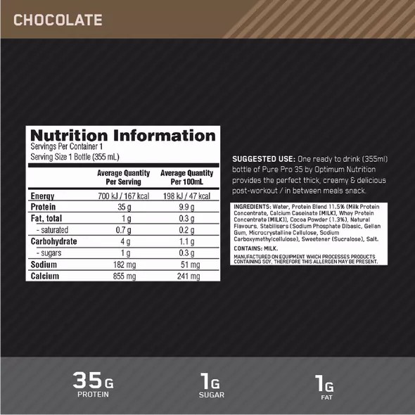 Optimum Nutrition Pure Pro 35 Chocolate 355ml (6 bottles) Slovenija | LVO-123650