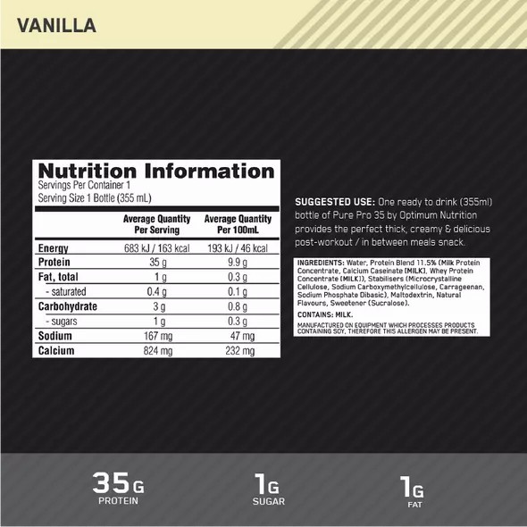 Optimum Nutrition Pure Pro 35 Vanilla 355ml (6 bottles) Slovenija | TBI-762015